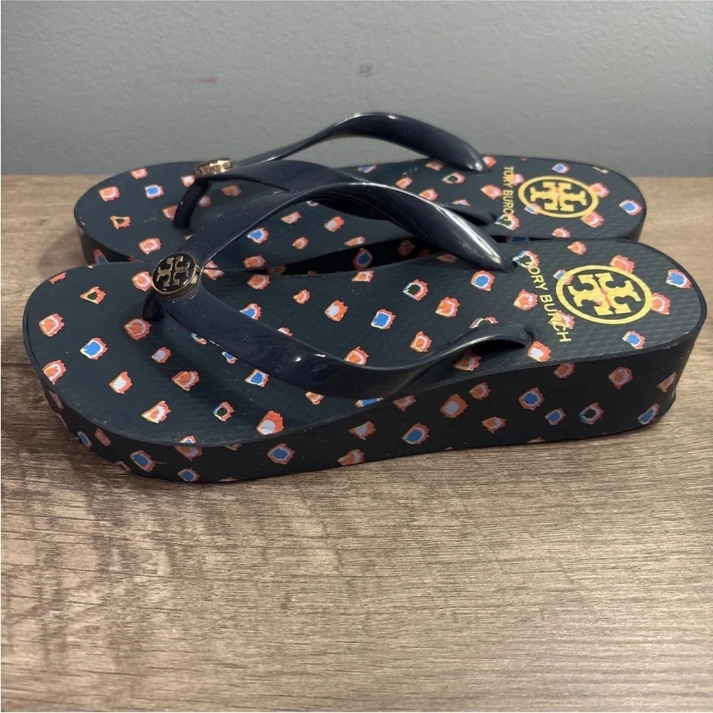 Tory Burch Navy Blue Fresh Blueberry Wild Pansy Flip Flops